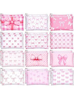 24 Pcs Pink Bow Cosmetic Bags Set | Cute Makeup Pouches for Women & Girls